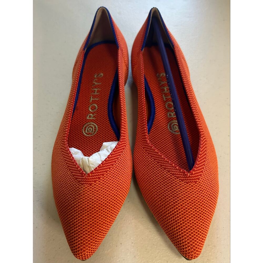 Rothy’s The Point Flats Bright Orange Coral Knit Blue Trim Size 6 New in Box